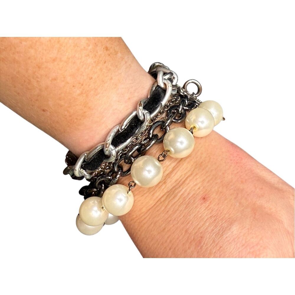 GUESS black and pearl multi strand chain bracelet